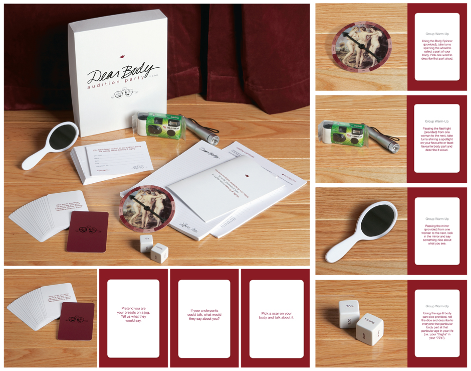 Pictured is the Dear Body audition party in a box kit along with the contents inside.