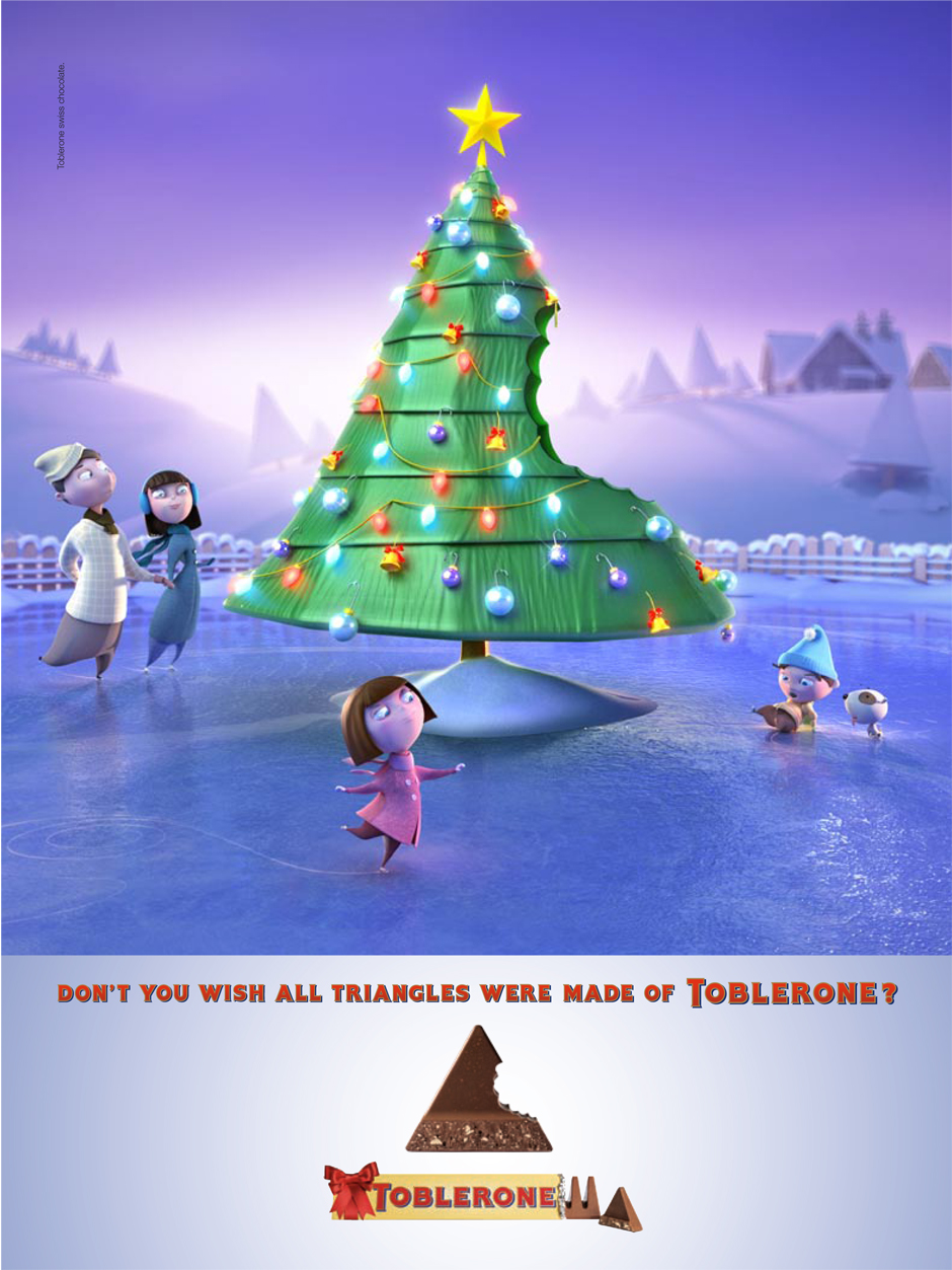 A quirky animated image of a family skating around a christmas tree where a big bite has been taken out of the triangular shape.