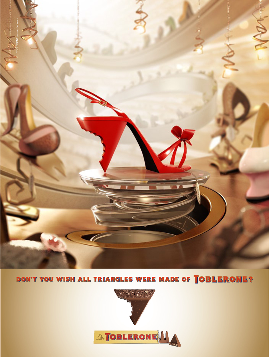 A quirky photo-real illustration of a red shoe with a bite taken out of it's triangular shaped heel.